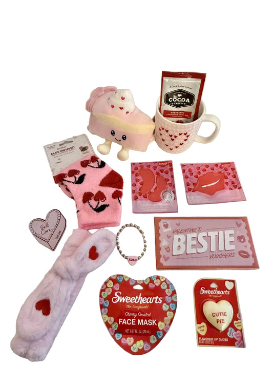 Collection of Valentine's Day-themed products on a white surface